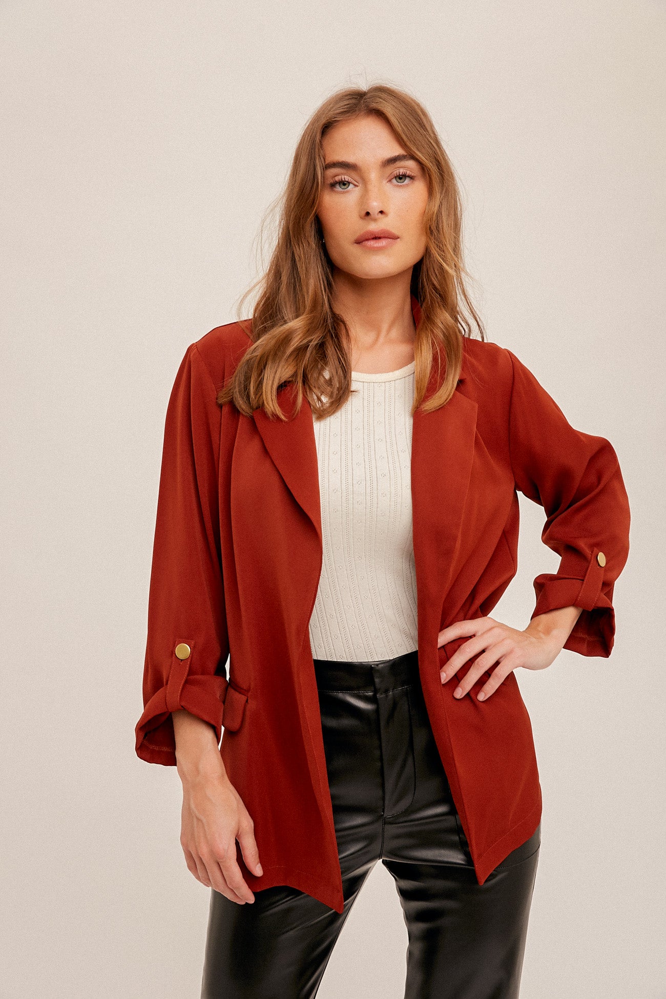 Gold Button Tab Rolled Sleeve Blazer Rust