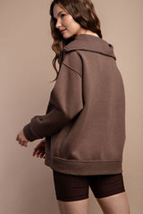 French Terry Ribbed Zip Mock Neck Pullover Coffee