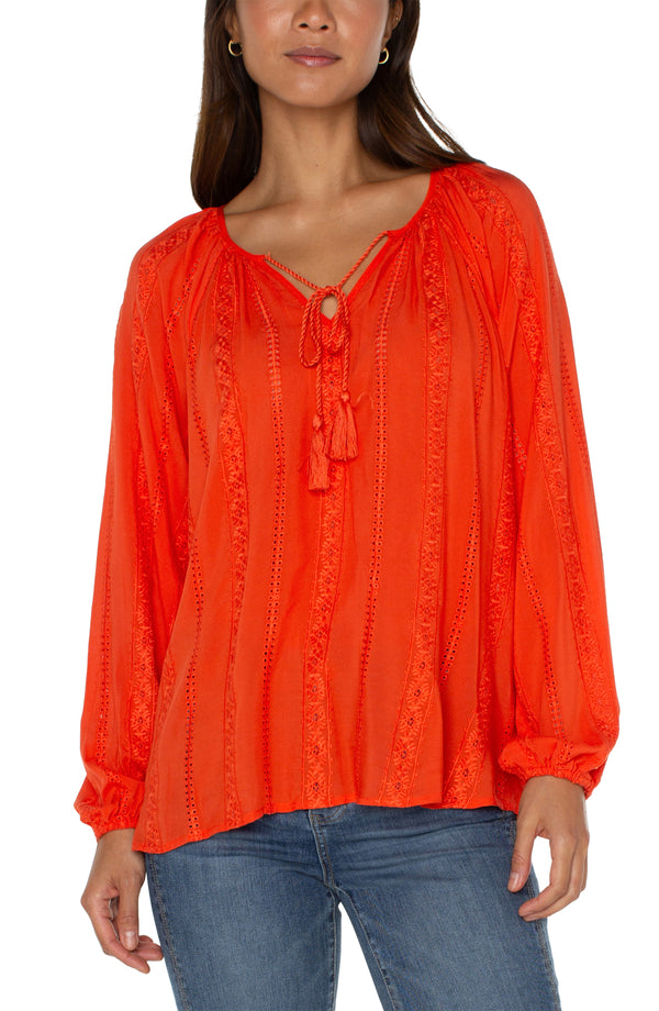 Tonal Embroidered Shirred Tassel Blouse Coral Blaze
