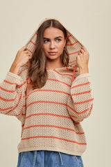 Stripe Hooded Knit Sweater Taupe + Coral