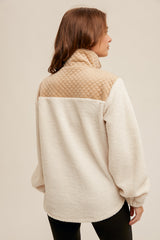 Quilted Velvet 1/4 Zip Sherpa Pullover Cream + Taupe