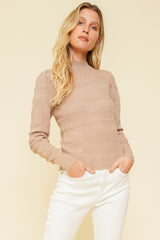 Mock Neck Bubble Sleeve Pointelle Sweater Mocha