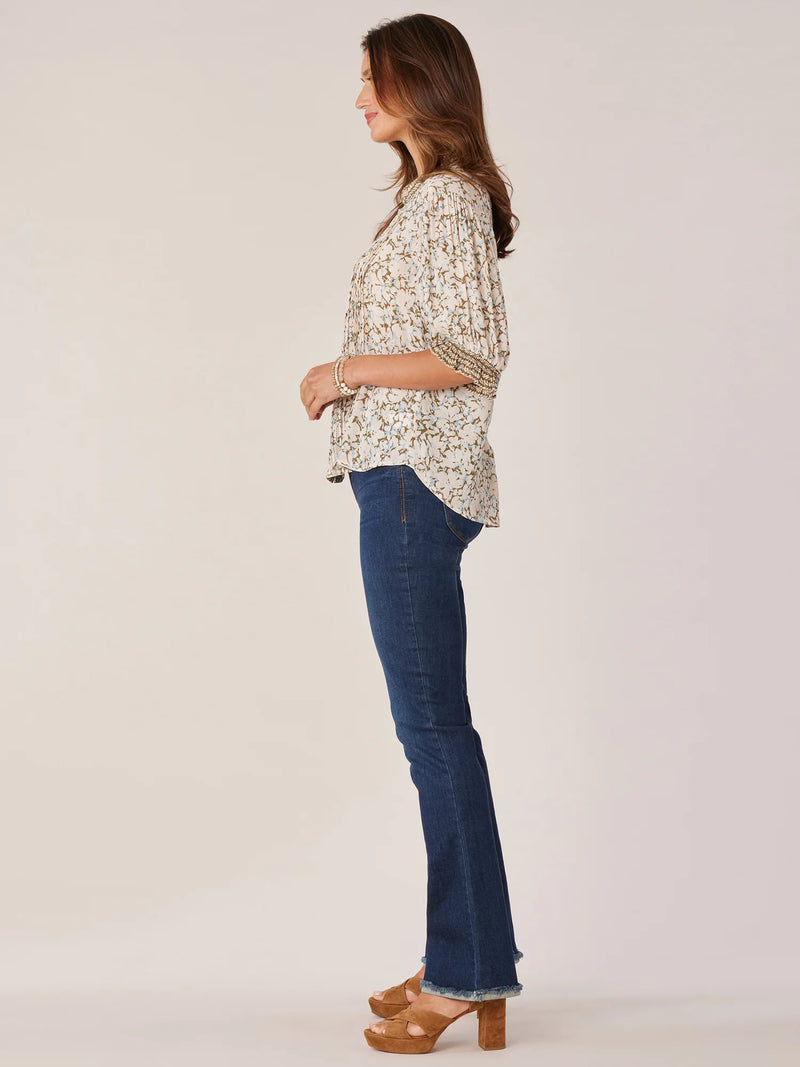 Elbow Sleeve Picot Trim Button Front Floral Blouse Macademia + Moss Green