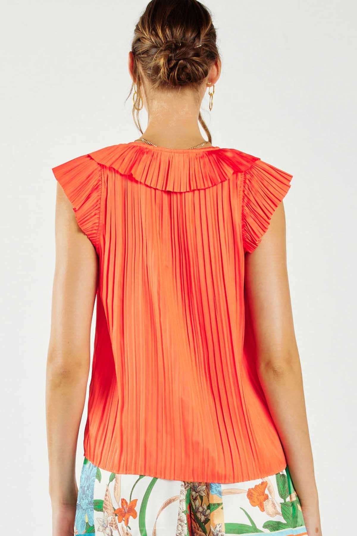 Pleated Ruffle Trim Button Detail Blouse Orange Red