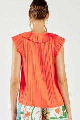 Pleated Ruffle Trim Button Detail Blouse Orange Red