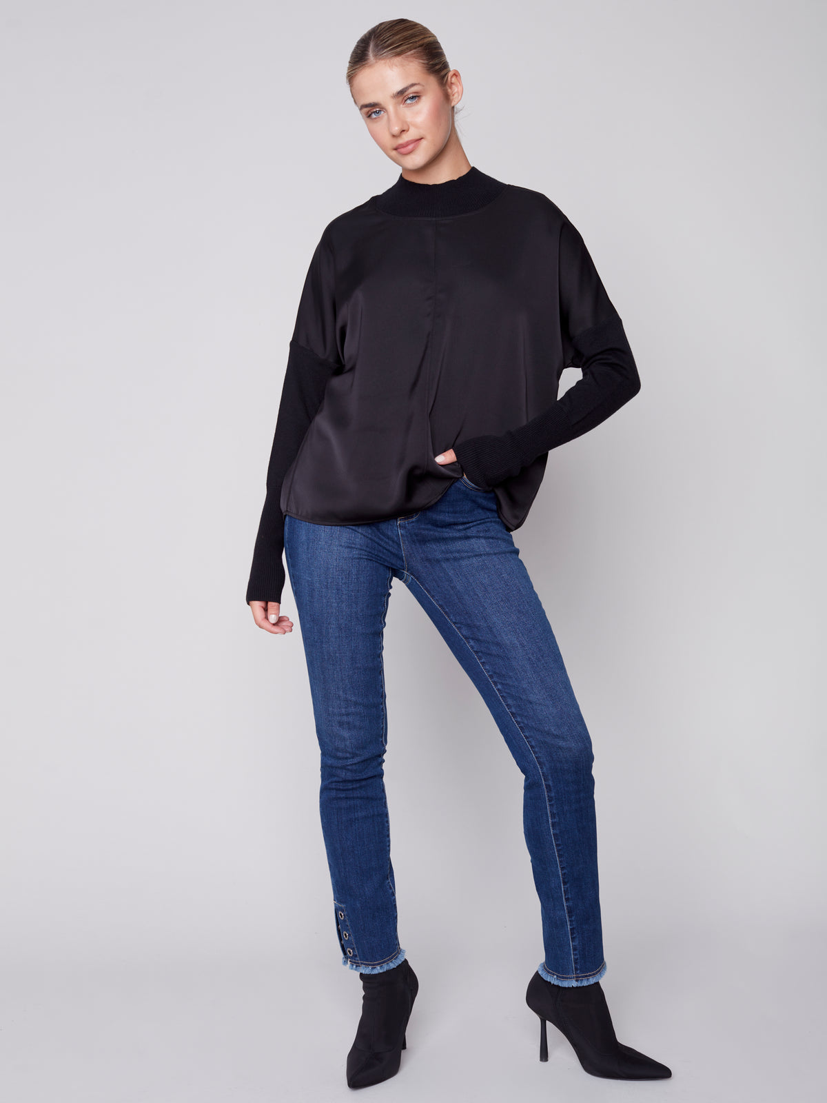Mock Neck Satin Knit Top Black