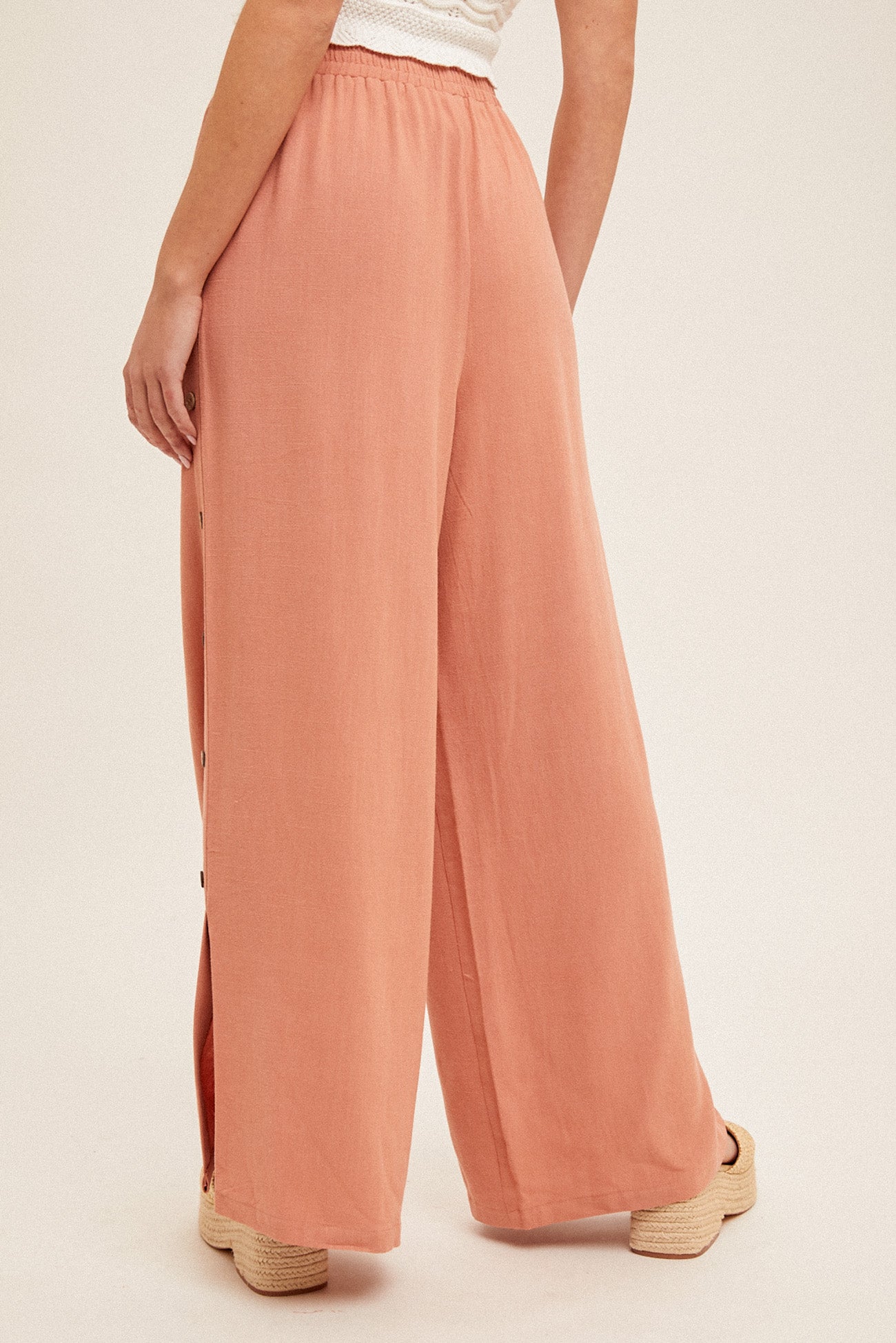 Button Side Detail Wide Leg Pants Dark Peach