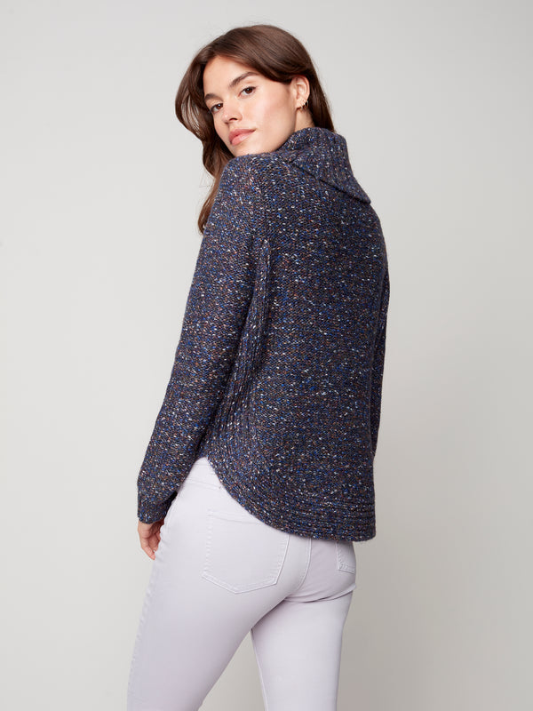 Cable Knit Round Hem Turtleneck Sweater Navy