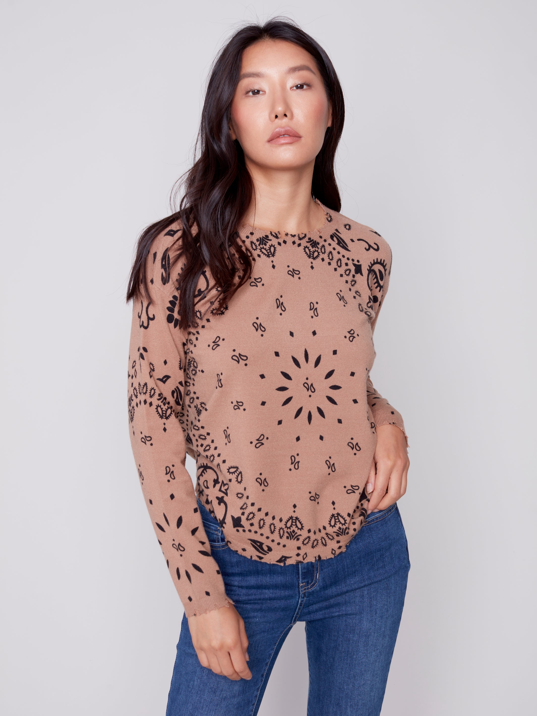 Frayed Edges Printed Sweater Truffle