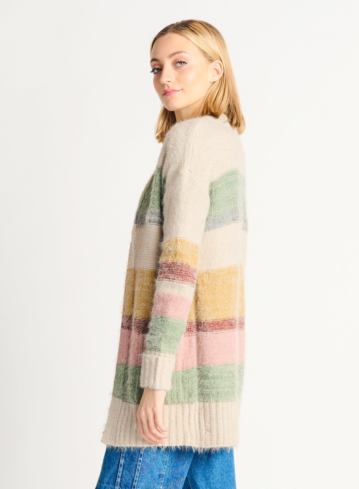 Eyelash Colorblock Striped Cardigan Oatmeal Multi