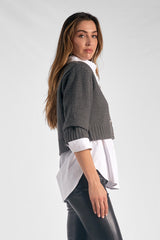 Vintage Button Half Sleeve Layered Sweater Top Gunmetal Grey