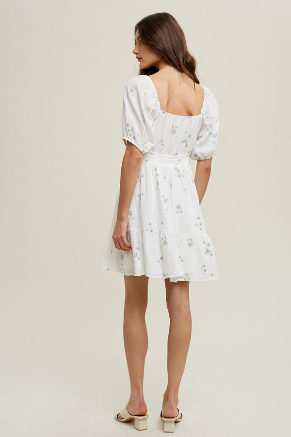 Embroidered Daisy Floral Print Gauze Dress