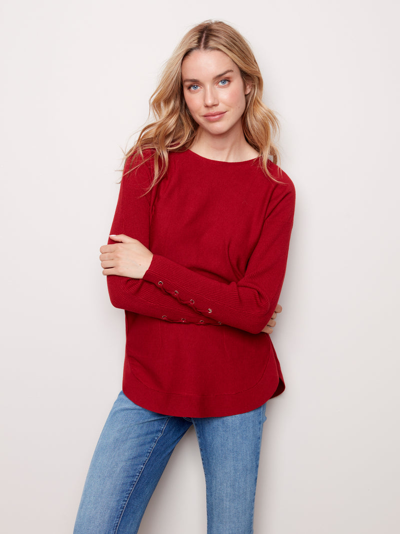 Cuff Lace Up Detail Sweater Scarlet