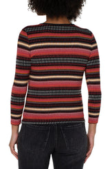 3/4 Sleeve Vneck Contrast Knit Top Multi Cranberry Stripe