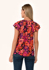 Floral Layered Double Flutter Sleeve Top Black + Fuchsia