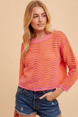 Pointelle Striped Knit Sweater Orange + Pink