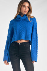 Cropped Textured Knit Turtleneck Sweater Indigo