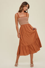 Embroidered Smock Bodice Ruched Strap Midi Dress Cinnamon