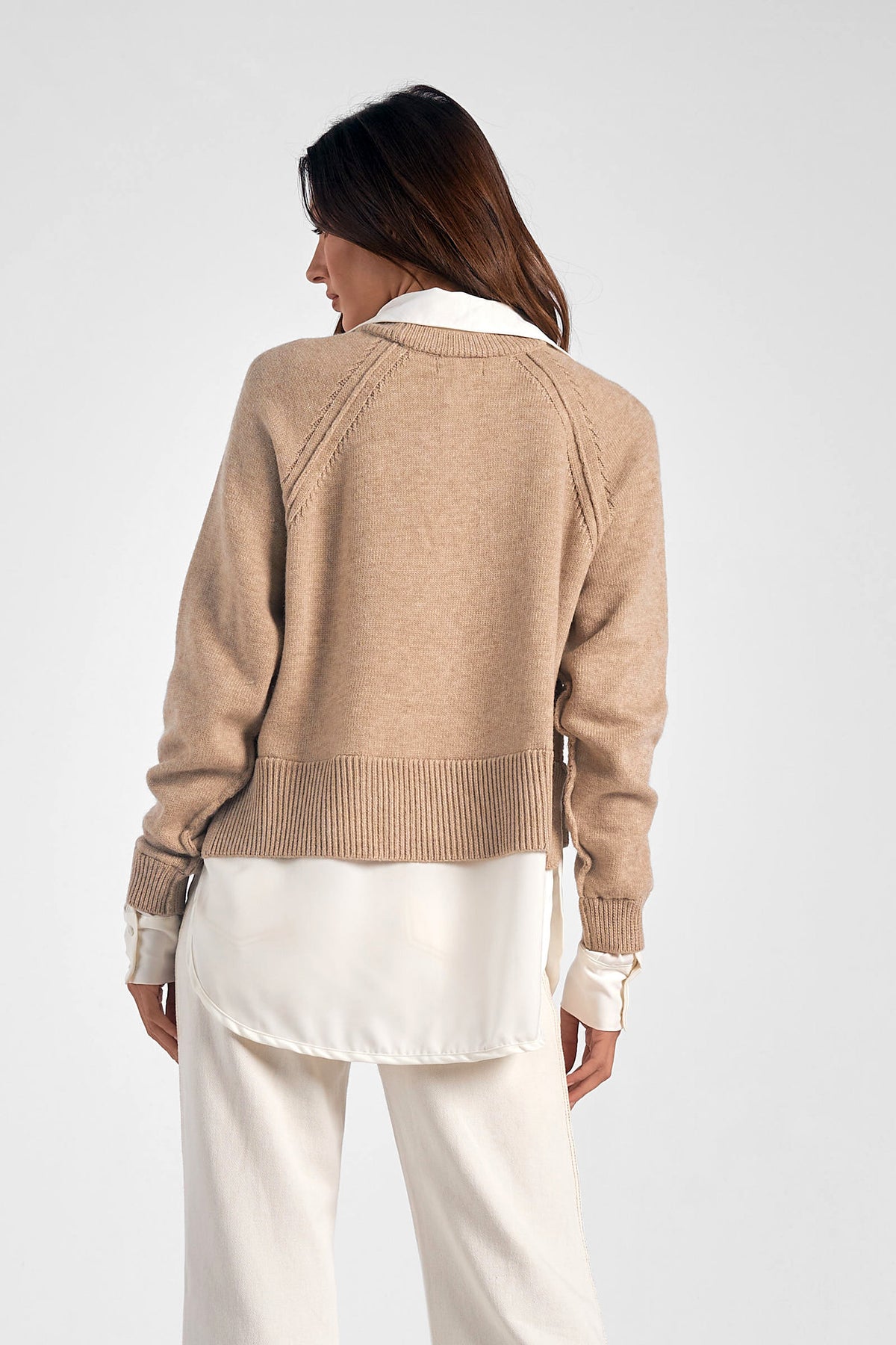 Two Fer Layered Collared Shirt Sweater Taupe