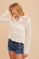 Scallop Hem Pointelle Knit Sweater Ecru