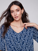 Printed V Neck Knotted Hem Top Indigo