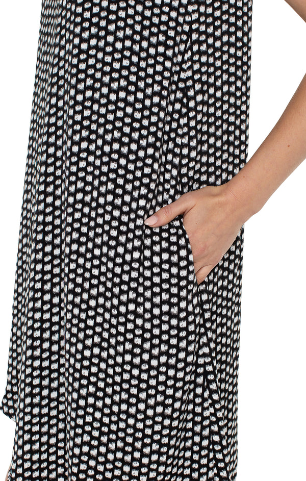 Asymmetric Hem Scoop Neck Printed Dress Black White Dot