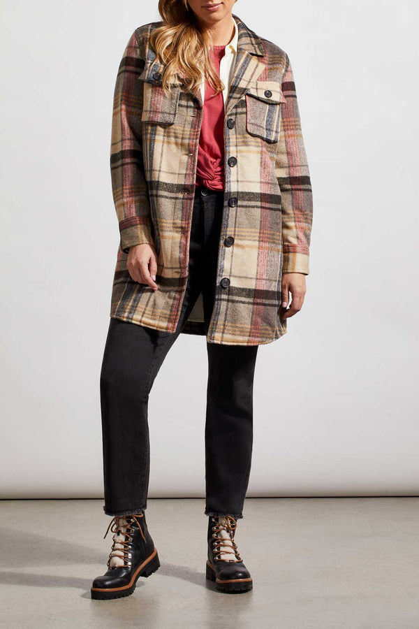 Notch Collar Plaid Long Shacket Teakwood
