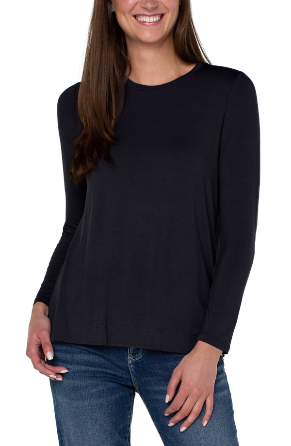 Split Hem Scoop Neck Long Sleeve Shirt Black
