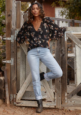 Sheer Floral Half Flutter Sleeve Buttons Blouse Black + Peach