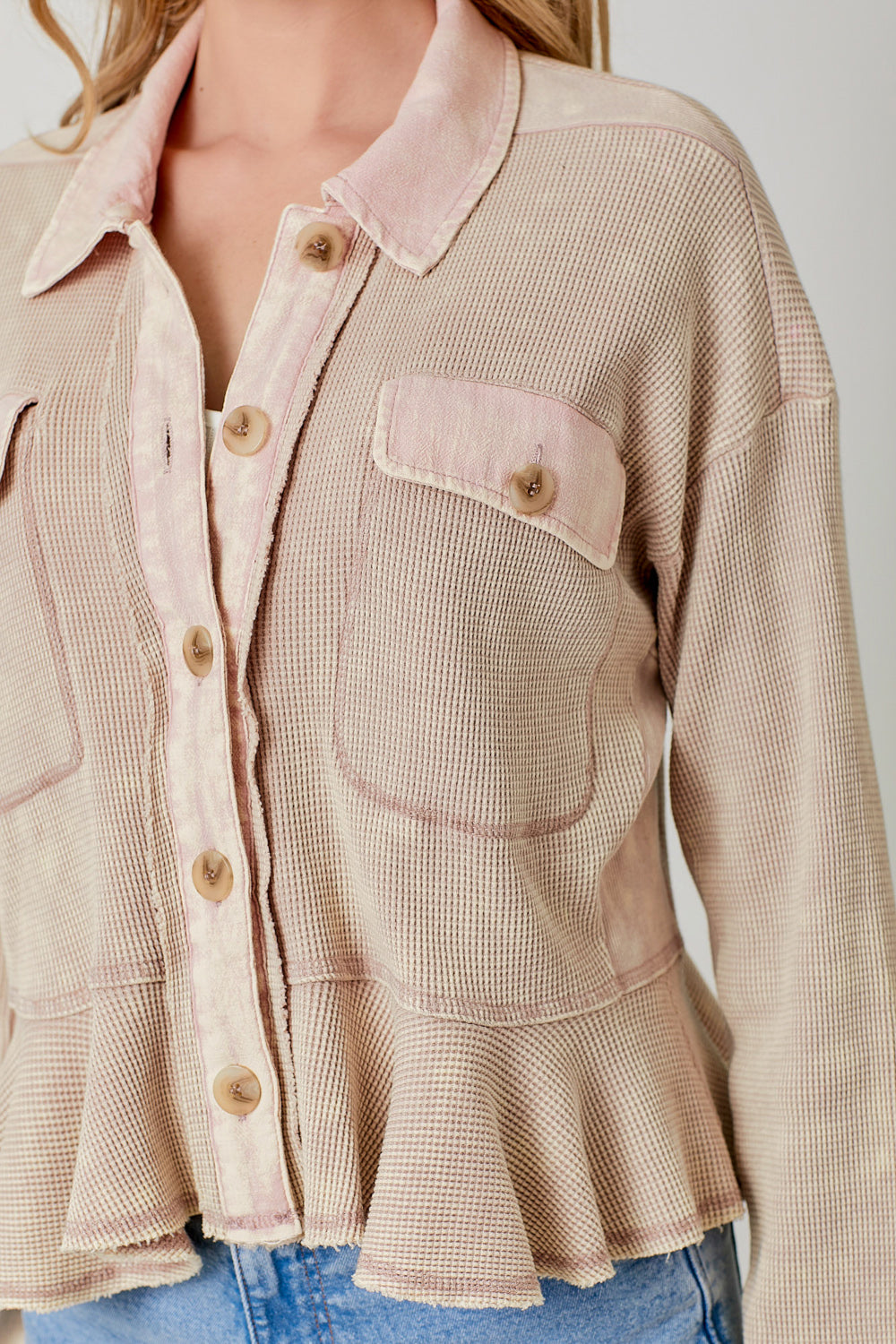 Washed Waffle Knit Ruffle Hem Cropped Jacket Light Rose