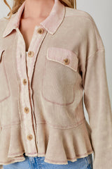 Washed Waffle Knit Ruffle Hem Cropped Jacket Light Rose