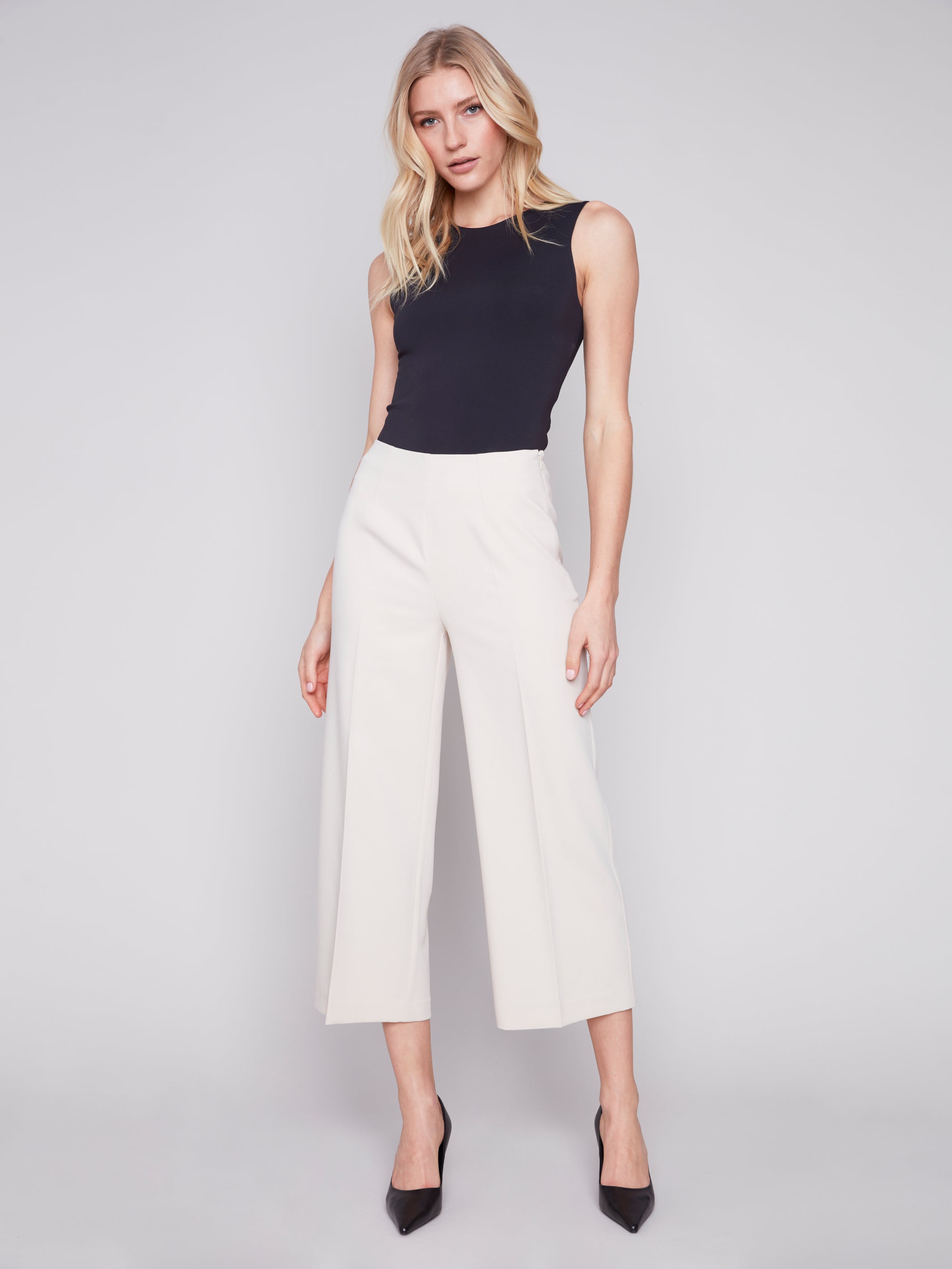 Side Zip Wide Leg Crop Pants Beige