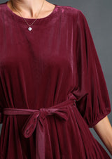 Velvet Round Neck Tie Belt Mini Dress Sangria