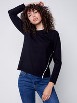 Asymmetric Contrast Zip Detail Knit Sweater Black