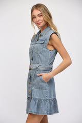 Button Front Belted Washed Denim Flutter Cap Dress Light Denim
