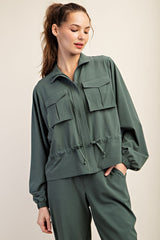 Crinkle Woven Oversize Flap Pocket Jacket Sage Leaf