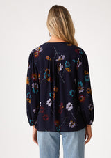 Artsy Floral 3/4 Sleeve Button Down Top Navy + Mustard