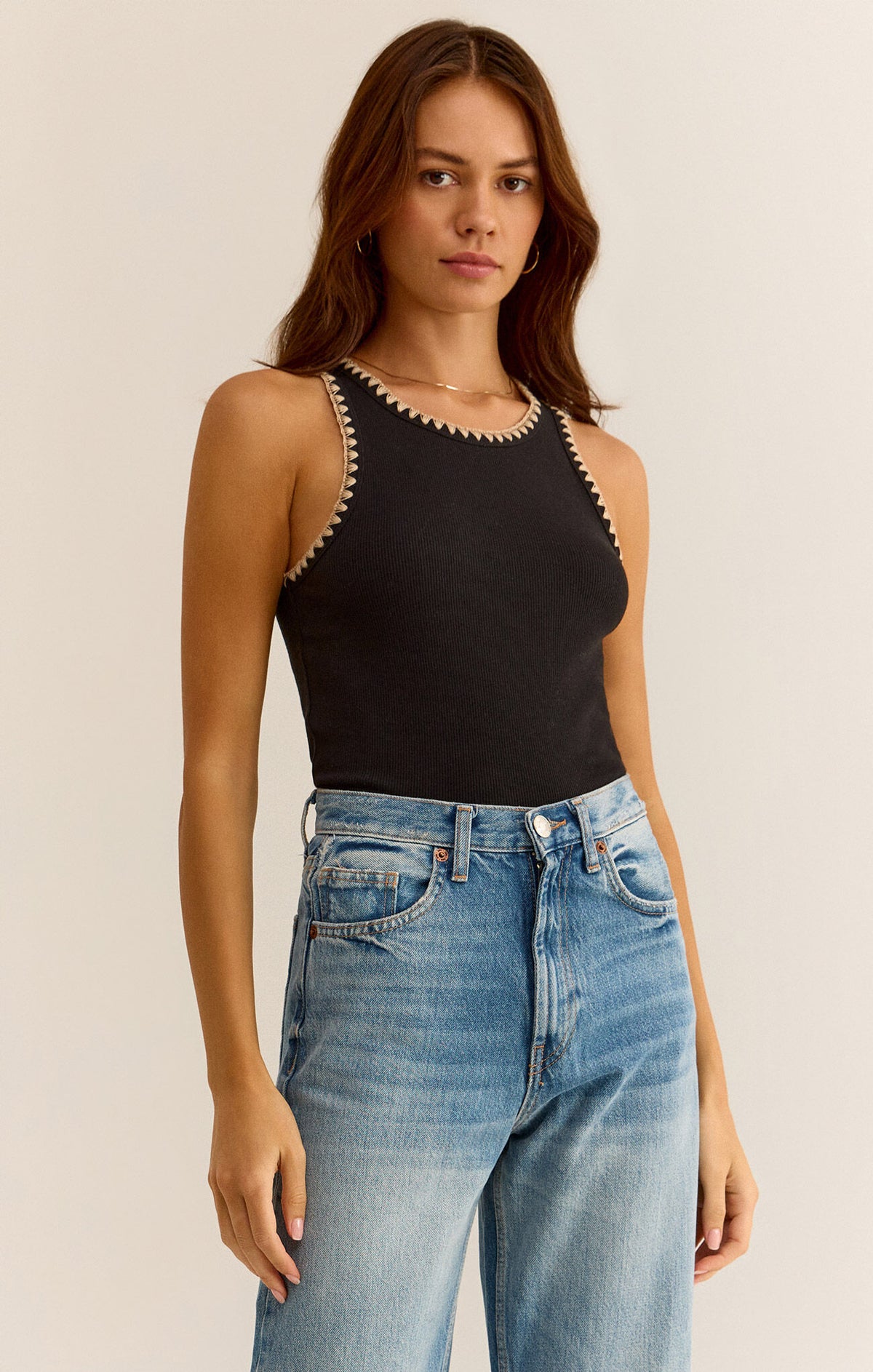 Avril Stitched Edging Ribbed Tank Black
