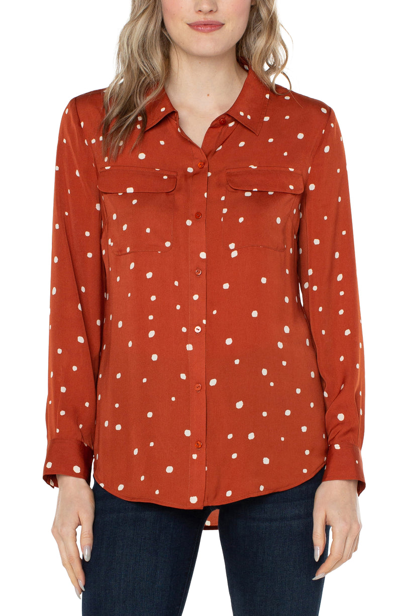 Flap Pocket Button Front Woven Blouse Dot Maple Red