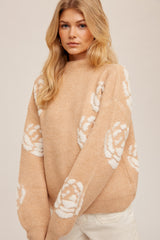 Mock Neck Floral Texture Details Sweater Tan