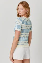 Scallop Ribbed Short Sleeve Sweater Ivory + Blue