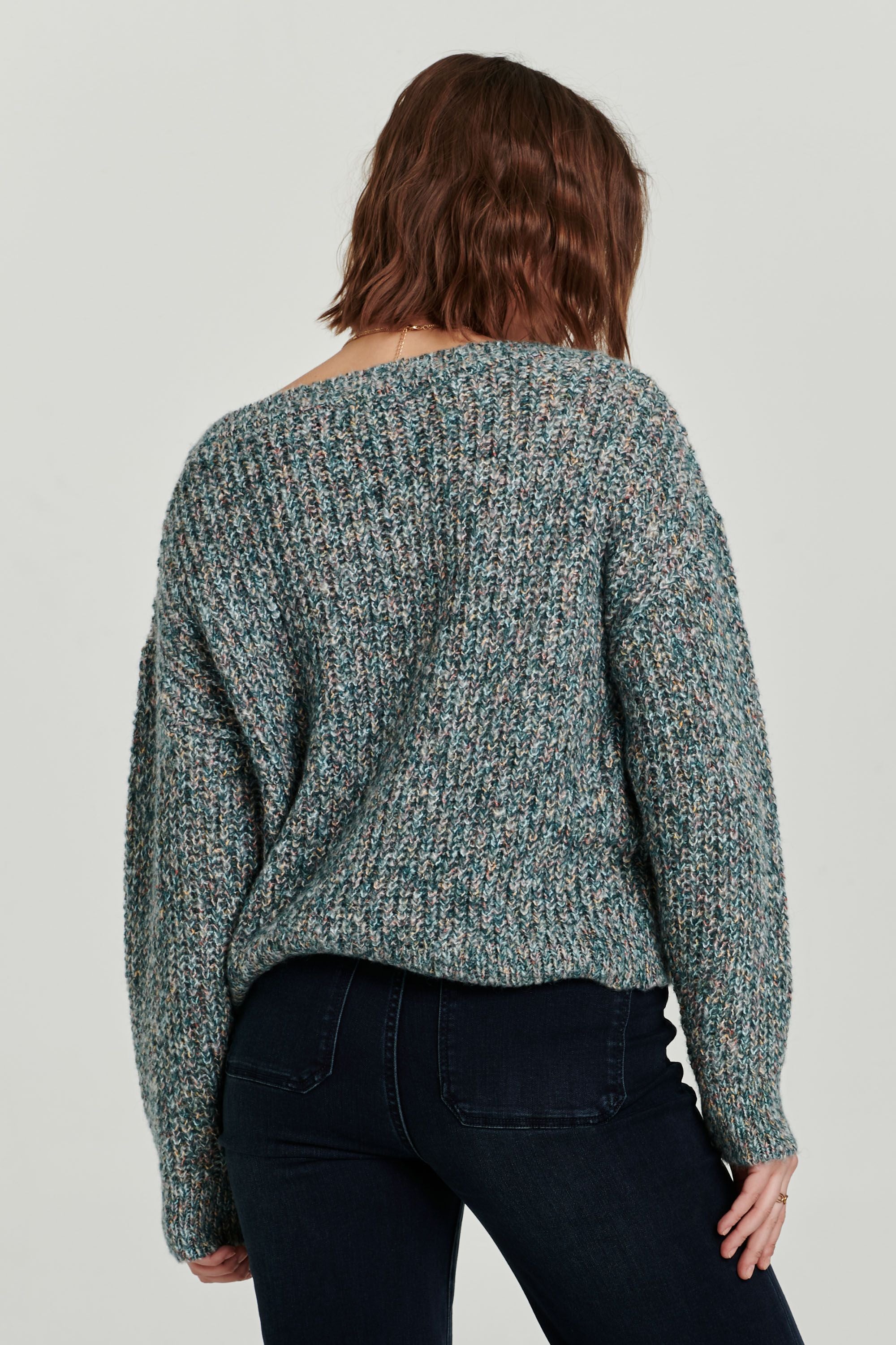 Rue Chunky Knit Vneck Sweater Spruce Melange