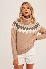 Ribbed Turtleneck Fairisle Pattern Sweater Taupe
