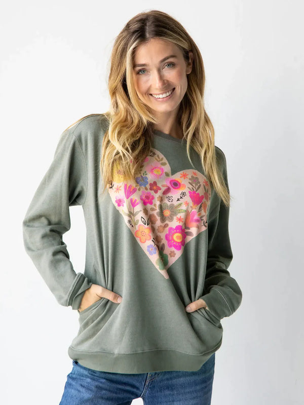 Floral Heart Comfy Pocket Sweatshirt Green