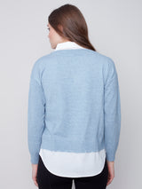 Shirt Collar Layer 2Fer Vneck Sweater Heather Snowflake