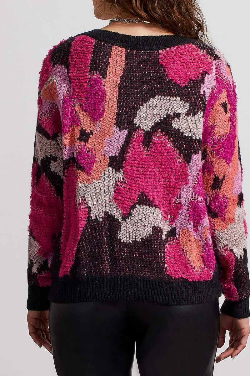 Boucle Knit Camo Vneck Sweater Black + Pink