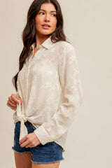 Tie Waist Chiffon Jacquard Button Down Blouse Cream