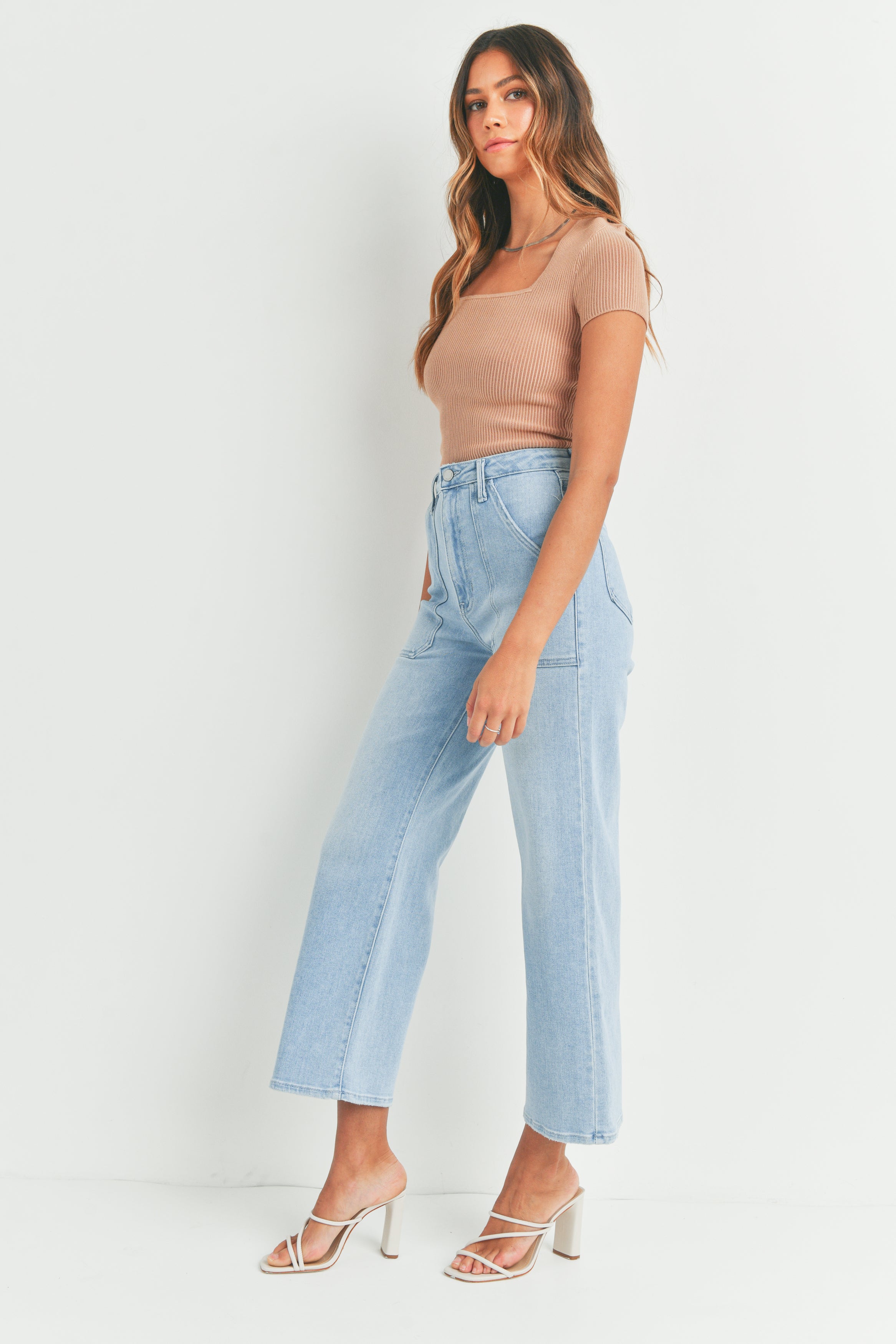High Rise Cargo Pocket Wide Leg Jeans Light Denim