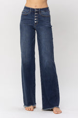 Button Fly High Waist Wide Leg Jean Dark