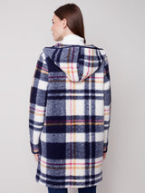 Hooded Button Front Boiled Wool Plaid Jacket Navy